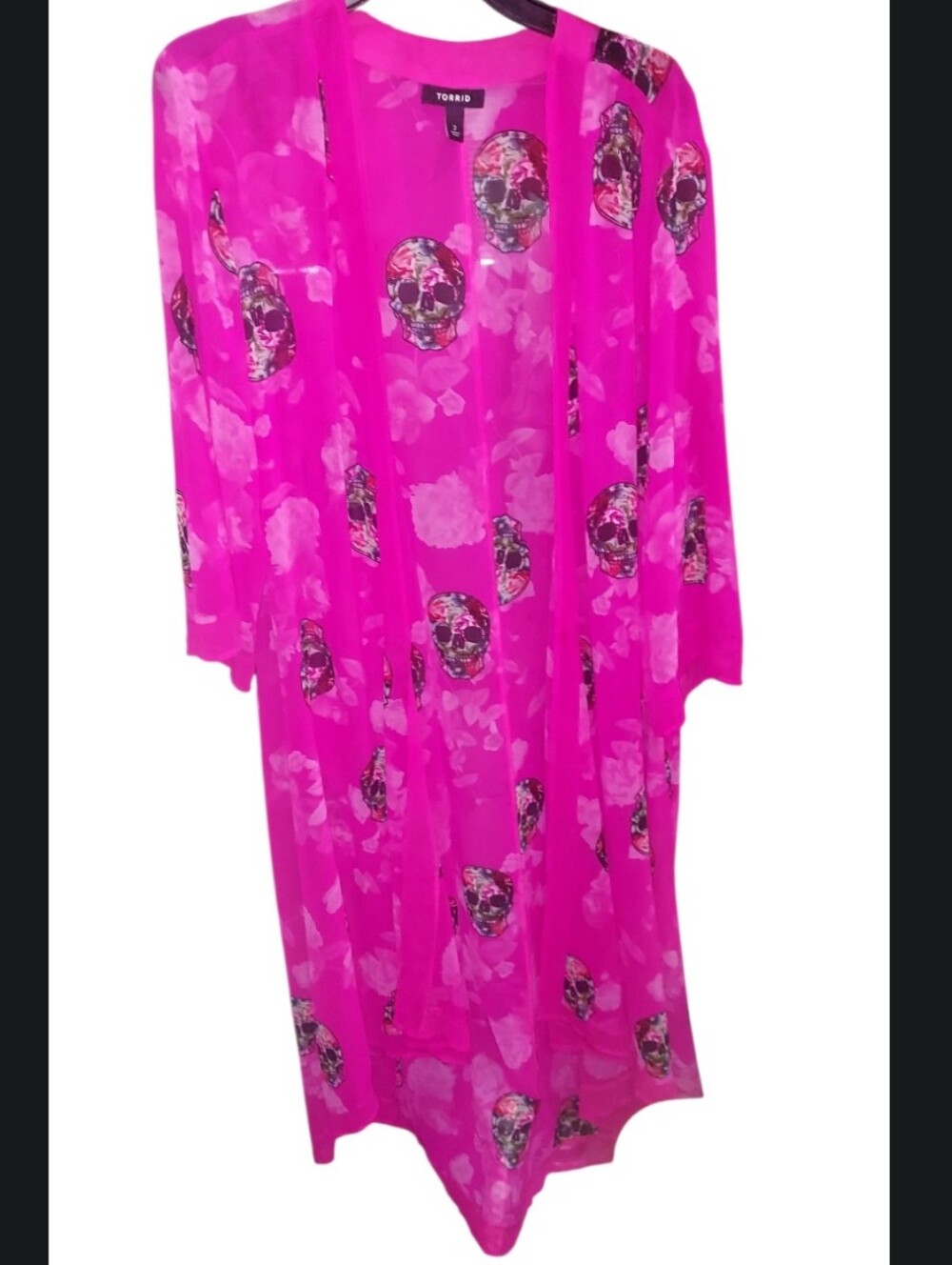 Torrid Skull Collection Hot Pink Open FrontRobe Long Kimono Size 2 2x 18-20